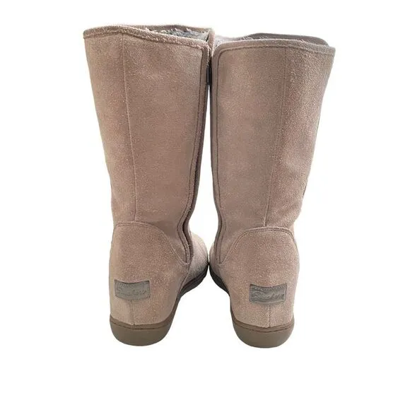 Sketchers Women 9.5 Pulley Boots Tan Suede Rubber Sole Faux Fur Hidden 3” Wedge