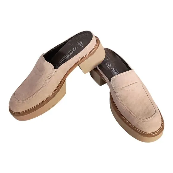 Softwaves Sapato Platform Loafer Mules Shoes Suede Leather Beige Women 38/US 7.5