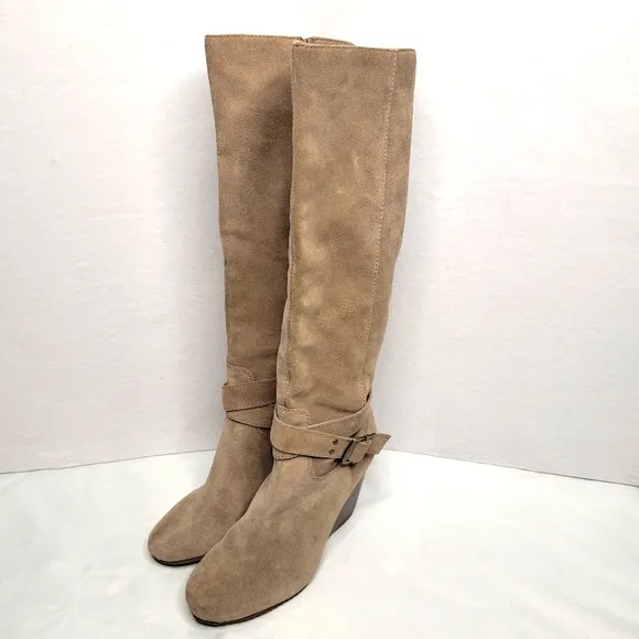Sole Society Oatmeal Suede Knee-High Wedge Boots Size 12