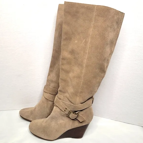 Sole Society Oatmeal Suede Knee-High Wedge Boots Size 12