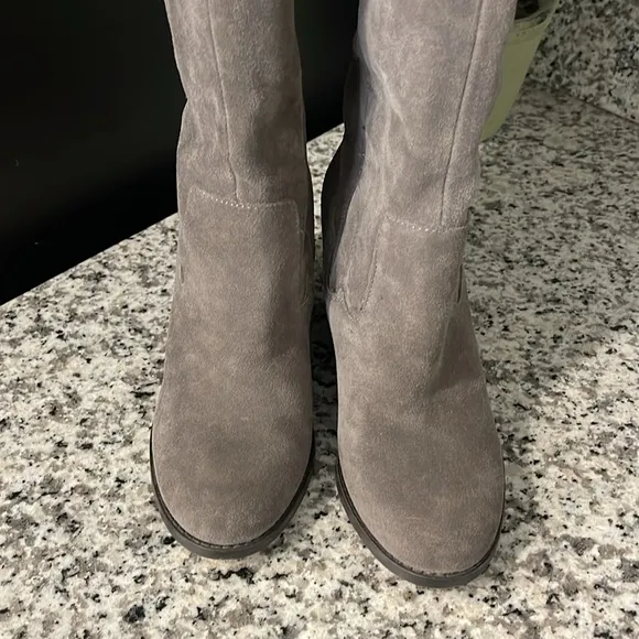 Sole Society So-Prony Leather Suede knee-high Wood like Wedge Boots in Gray Sz 7