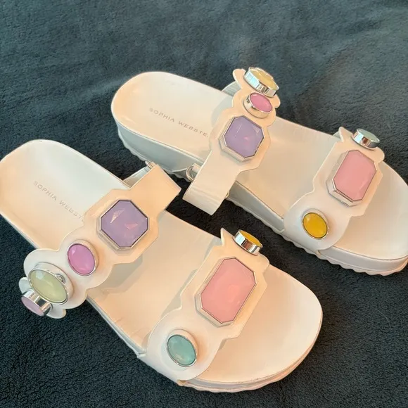 SOPHIA WEBSTER White Leather Pastel GEM Dad Sandals! Great gently used. 39