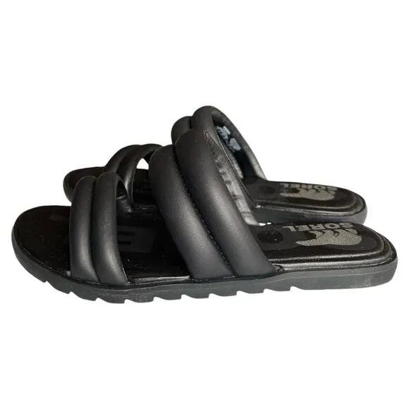 SOREL Black At Strap Ella Ii Round Toe Slip On Leather Sandals, US6.5