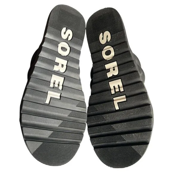 SOREL Black At Strap Ella Ii Round Toe Slip On Leather Sandals, US6.5