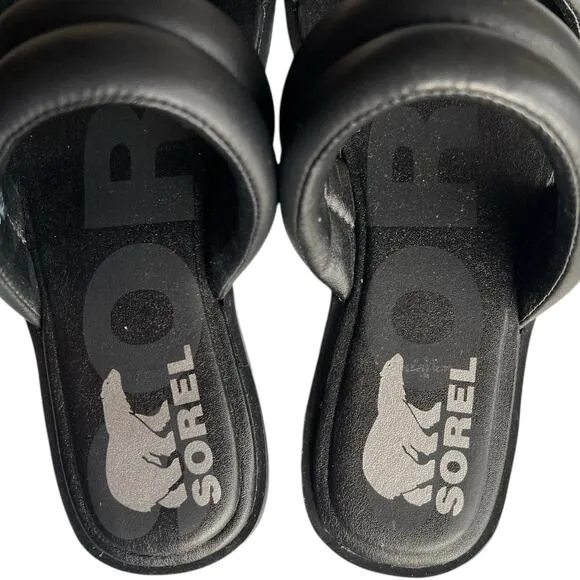 SOREL Black At Strap Ella Ii Round Toe Slip On Leather Sandals, US6.5
