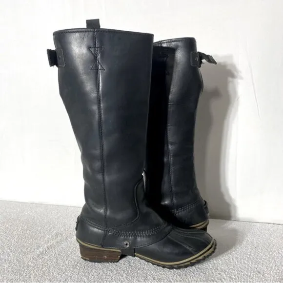 Sorel Black Leather Slimpack Knee High Boots With Rubber Feet 7