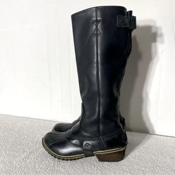 Sorel Black Leather Slimpack Knee High Boots With Rubber Feet 7