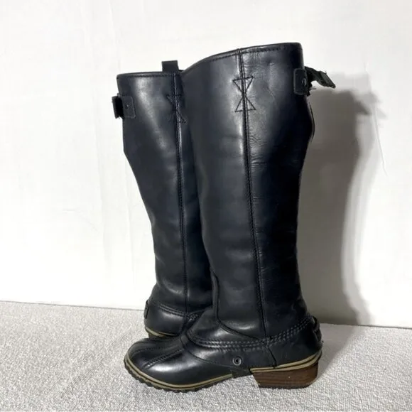 Sorel Black Leather Slimpack Knee High Boots With Rubber Feet 7