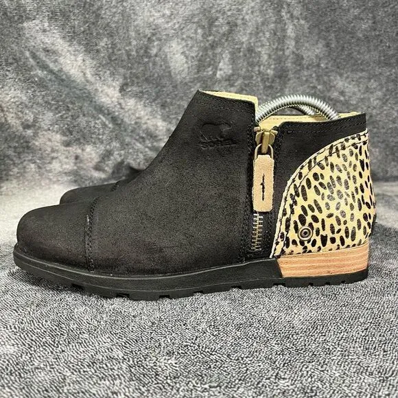 Sorel  Black/Tan Animal Print Suede Leather Side Zip Ankle Booties size 8.5