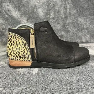 Sorel  Black/Tan Animal Print Suede Leather Side Zip Ankle Booties size 8.5