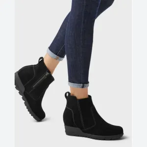 Sorel Evie Black Waterproof Suede Wedge Ankle Booties Sz 7 Side Zip NL3313-010
