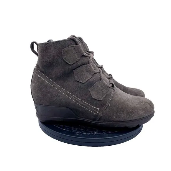 Sorel Evie Major Dark Taupe Gray Brown Lace Suede Wedge Bootie Boots 9