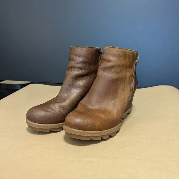 Sorel Joan of Arctic Wedge II Leather Heeled Ankle Booties Boots Tan Brown 8.5
