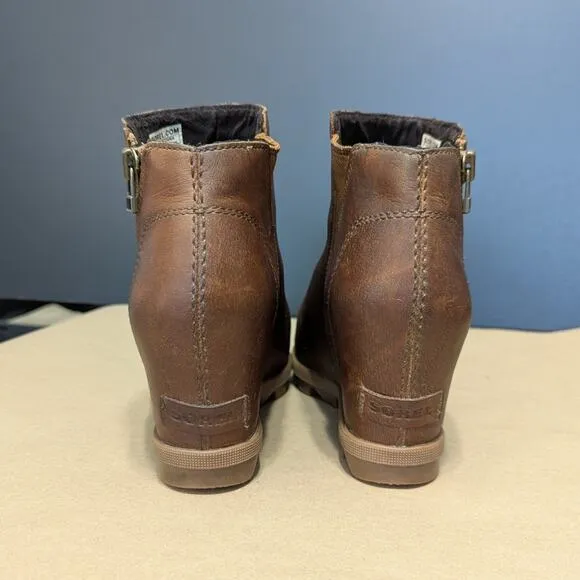 Sorel Joan of Arctic Wedge II Leather Heeled Ankle Booties Boots Tan Brown 8.5