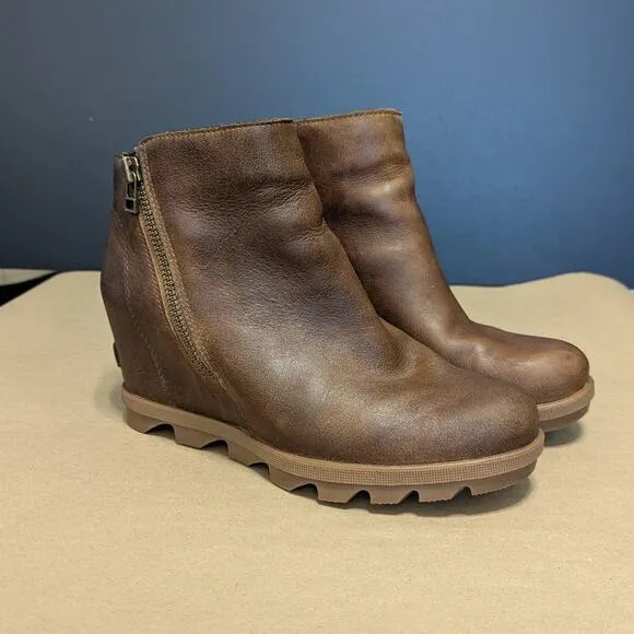 Sorel Joan of Arctic Wedge II Leather Heeled Ankle Booties Boots Tan Brown 8.5