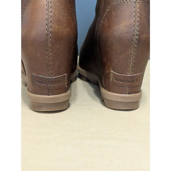 Sorel Joan of Arctic Wedge II Leather Heeled Ankle Booties Boots Tan Brown 8.5