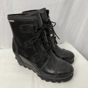 Sorel Joan Rain Wedge Boots Womens Size 9 Black Gloss Rubber Lace Up