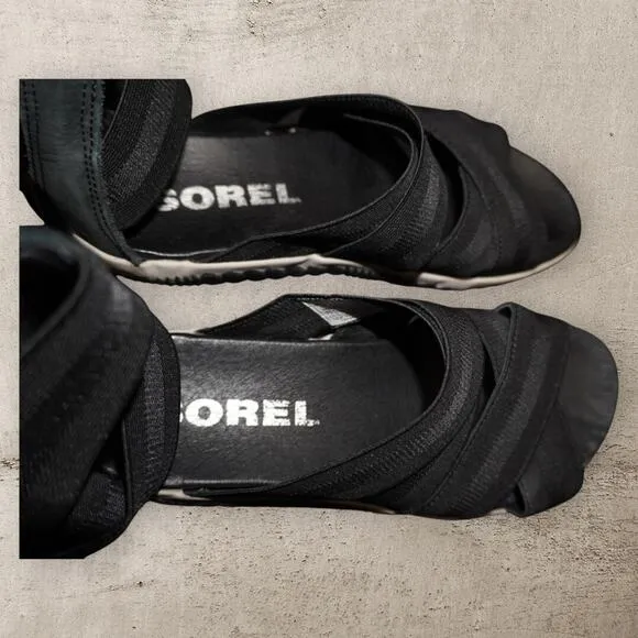 Sorel Joanie II Black Wedge Sandals – Women’s Size 7.5 | Elastic Strappy Zip
