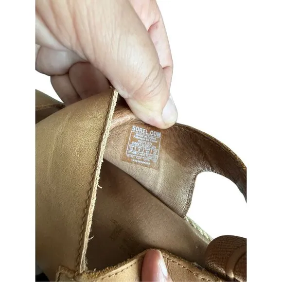 Sorel Joanie II Womens Camel Brown Leather Jute Slingback Wedge Sandals Size 10