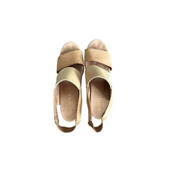 Sorel Joanie II Womens Camel Brown Leather Jute Slingback Wedge Sandals Size 10