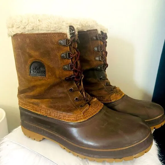 SOREL Kaufman Caribou Rubber Faux Fur Waterproof Winter Boots, Brown, Size 9