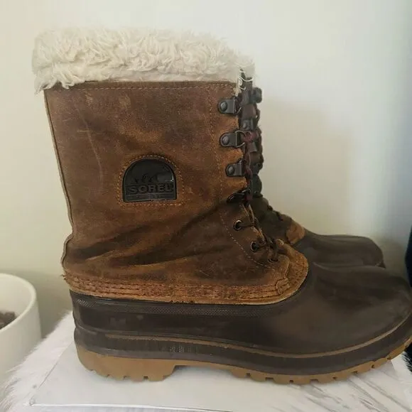 SOREL Kaufman Caribou Rubber Faux Fur Waterproof Winter Boots, Brown, Size 9