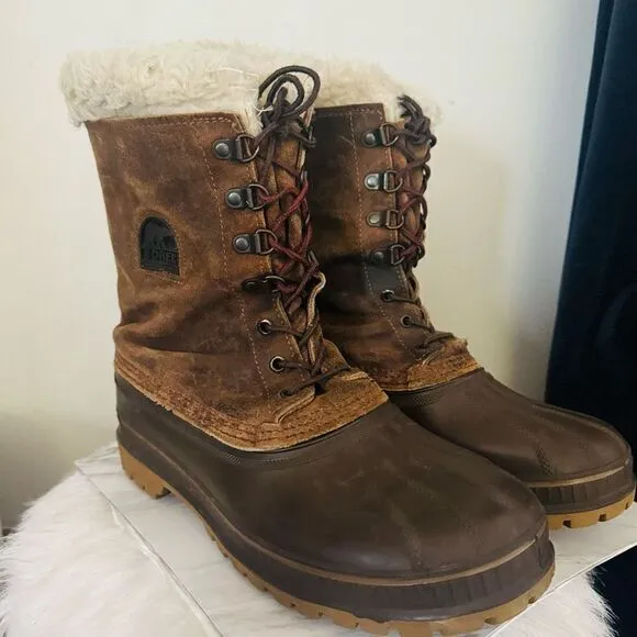 SOREL Kaufman Caribou Rubber Faux Fur Waterproof Winter Boots, Brown, Size 9