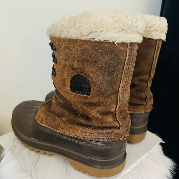 SOREL Kaufman Caribou Rubber Faux Fur Waterproof Winter Boots, Brown, Size 9