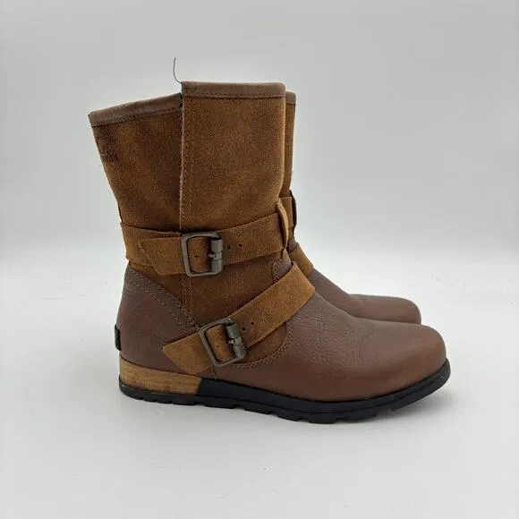 Sorel Major Moto Biker Brown Leather Suede Boots Women's 6.5 Boho