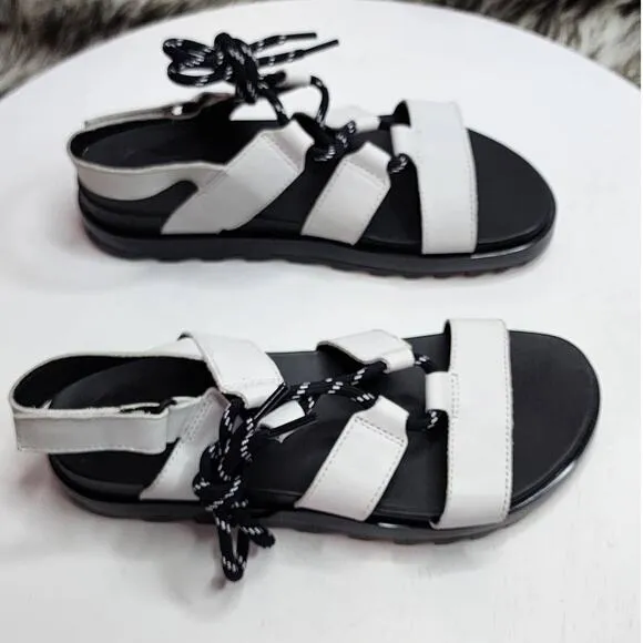 Sorel Roaming Lace Up Leather Sandals in Black White