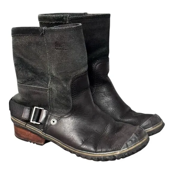 SOREL SLIMSHORTIE LEATHER &amp; RUBBER DUCK BOOTS Size 8.5 BLACK