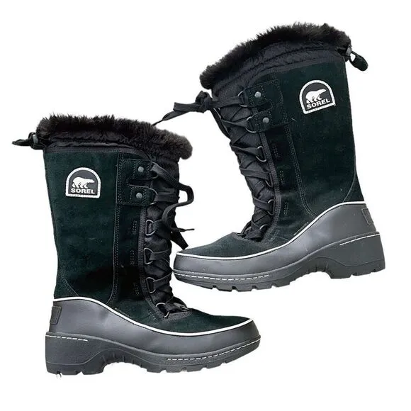 Sorel Tivoli III High Black Suede Fur Lace Up Snow Boots 6.5