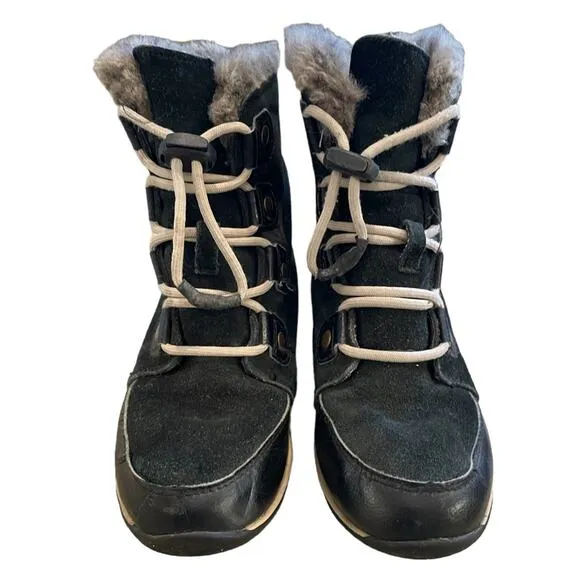 SOREL Whitney Girl Lace-Up Mid Calf Boots Black Suede Winter Snow Kids Sz 3