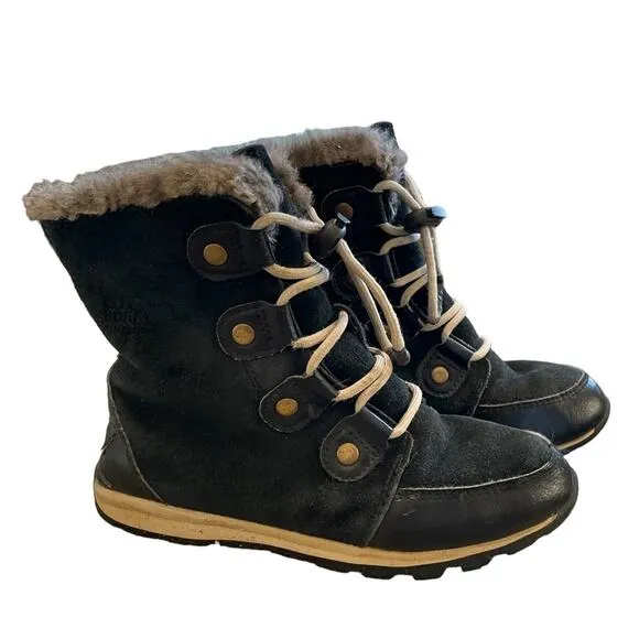SOREL Whitney Girl Lace-Up Mid Calf Boots Black Suede Winter Snow Kids Sz 3