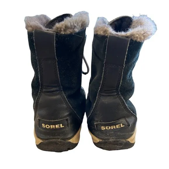 SOREL Whitney Girl Lace-Up Mid Calf Boots Black Suede Winter Snow Kids Sz 3
