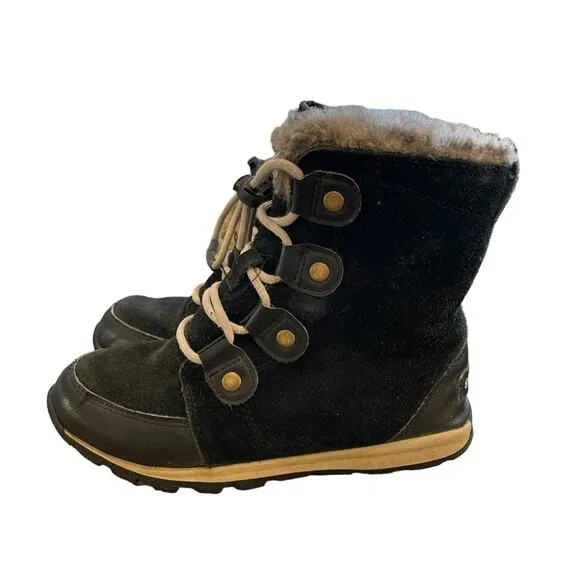 SOREL Whitney Girl Lace-Up Mid Calf Boots Black Suede Winter Snow Kids Sz 3
