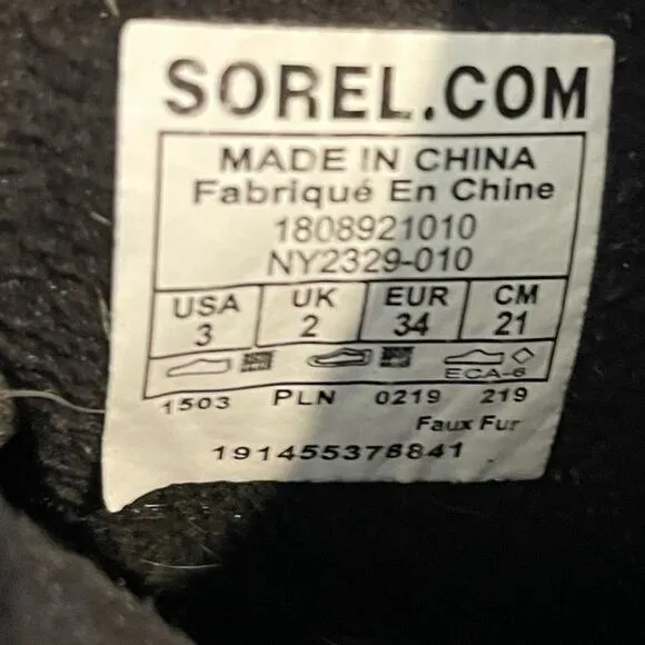 SOREL Whitney Girl Lace-Up Mid Calf Boots Black Suede Winter Snow Kids Sz 3