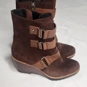 Sorel  Winter Boots Brown Leather Suede Mid Calf Wedge Size 8