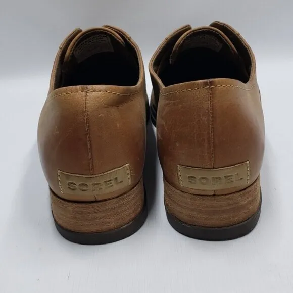 Sorel Women's Leather Oxford Slip On Lace Up Cap Toe Caramel Tan Brown Size 10.5