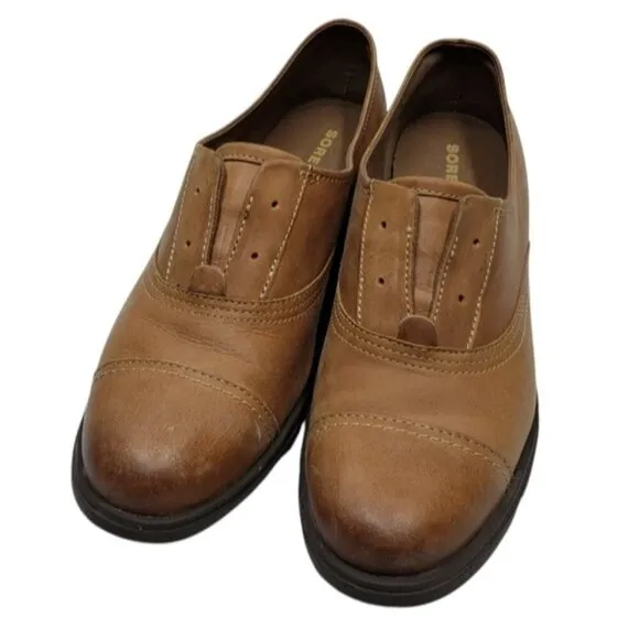 Sorel Women's Leather Oxford Slip On Lace Up Cap Toe Caramel Tan Brown Size 10.5