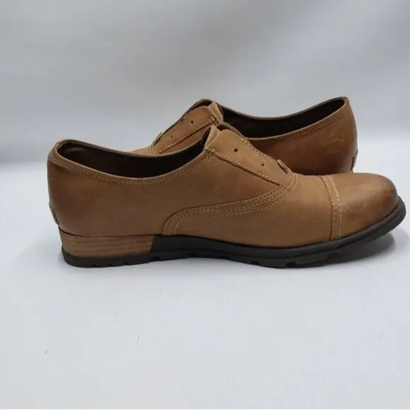 Sorel Women's Leather Oxford Slip On Lace Up Cap Toe Caramel Tan Brown Size 10.5