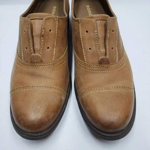 Sorel Women's Leather Oxford Slip On Lace Up Cap Toe Caramel Tan Brown Size 10.5