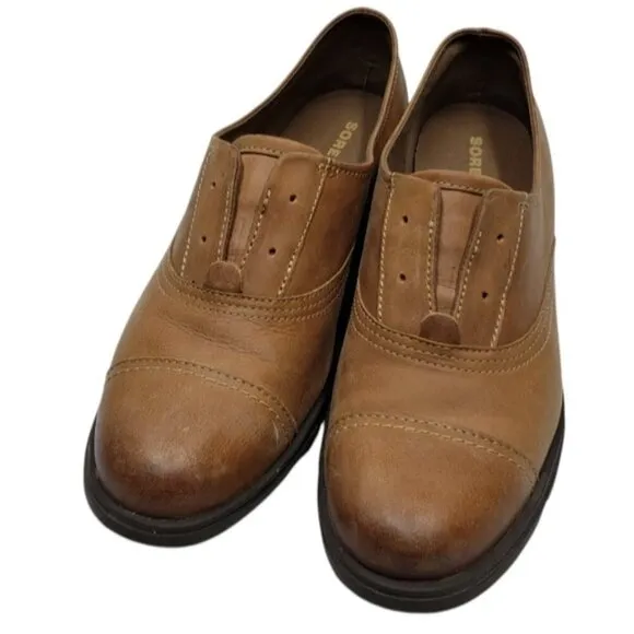 Sorel Women's Leather Oxford Slip On Lace Up Cap Toe Caramel Tan Brown Size 10.5