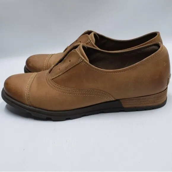 Sorel Women's Leather Oxford Slip On Lace Up Cap Toe Caramel Tan Brown Size 10.5