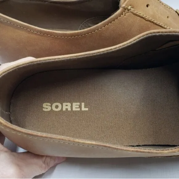 Sorel Women's Leather Oxford Slip On Lace Up Cap Toe Caramel Tan Brown Size 10.5