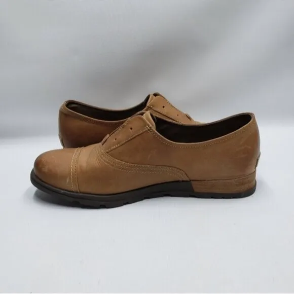 Sorel Women's Leather Oxford Slip On Lace Up Cap Toe Caramel Tan Brown Size 10.5