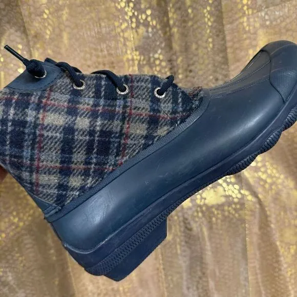Sperry Navy Blue Saltwater Wool Plaid Duck Winter Boots Waterproof Snow Size 8