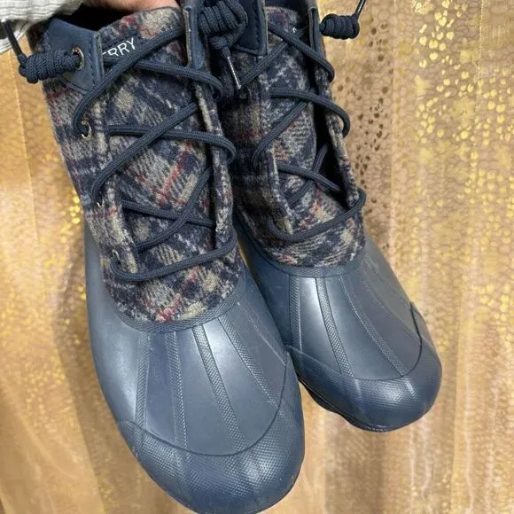 Sperry Navy Blue Saltwater Wool Plaid Duck Winter Boots Waterproof Snow Size 8