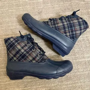 Sperry Navy Blue Saltwater Wool Plaid Duck Winter Boots Waterproof Snow Size 8