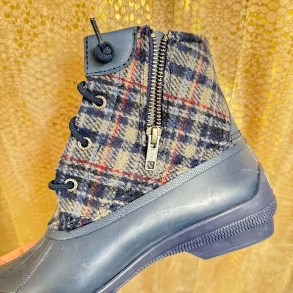 Sperry Navy Blue Saltwater Wool Plaid Duck Winter Boots Waterproof Snow Size 8